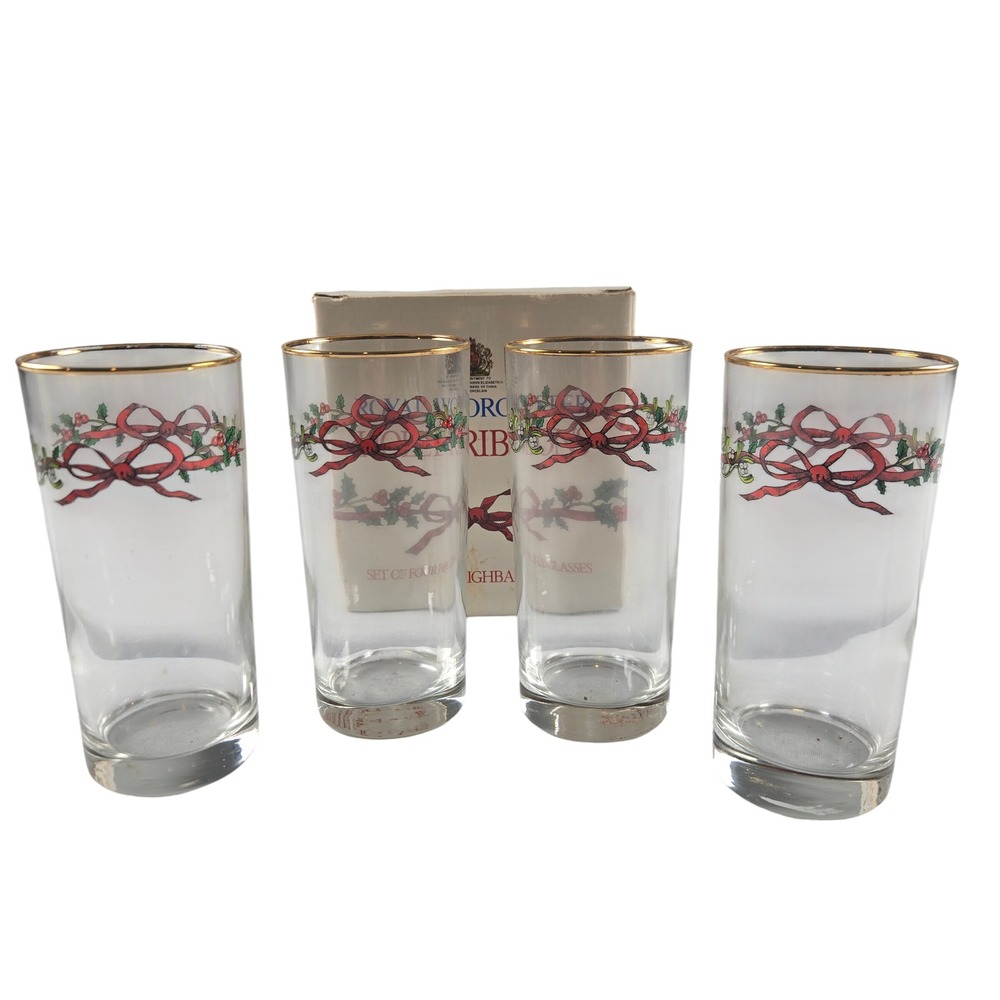 Royal Worcester Holly Ribbons Christmas Highball Glasses Set of 4 Gold Rim Box